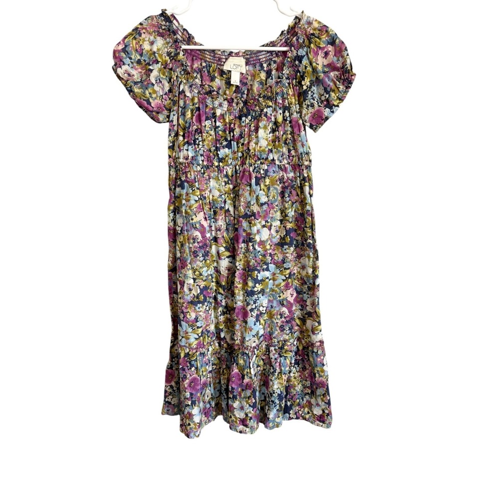 Ann Taylor LOFT Floral Dress Purple Blue Smocked Square Neck Puff Sleeve Small